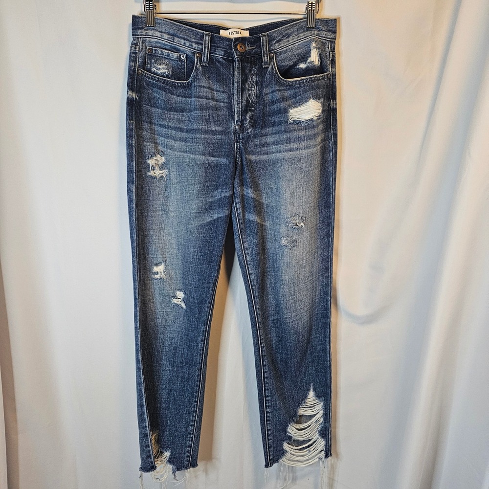 Pistola High Rise Distressed Straight‎ Leg Jeans Medium Wash Size 28 P6882KEE